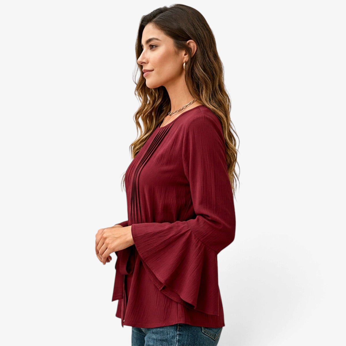 Blusa con Mangas Acampanadas y Cinturón para Mujer