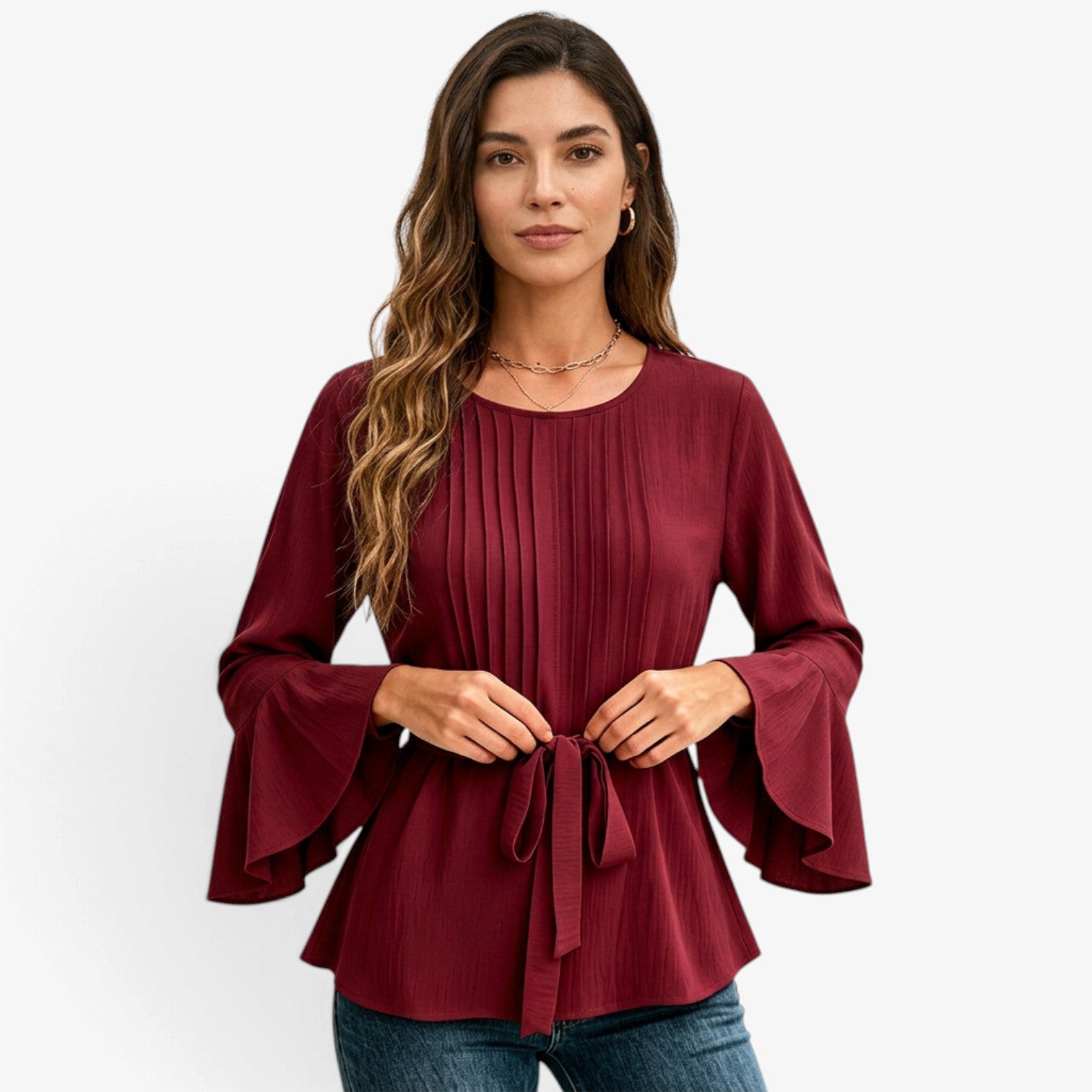 Blusa con Mangas Acampanadas y Cinturón para Mujer