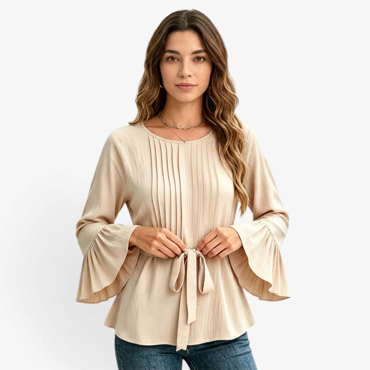 Blusa con Mangas Acampanadas y Cinturón para Mujer