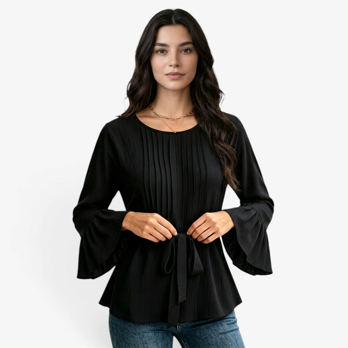 Blusa con Mangas Acampanadas y Cinturón para Mujer