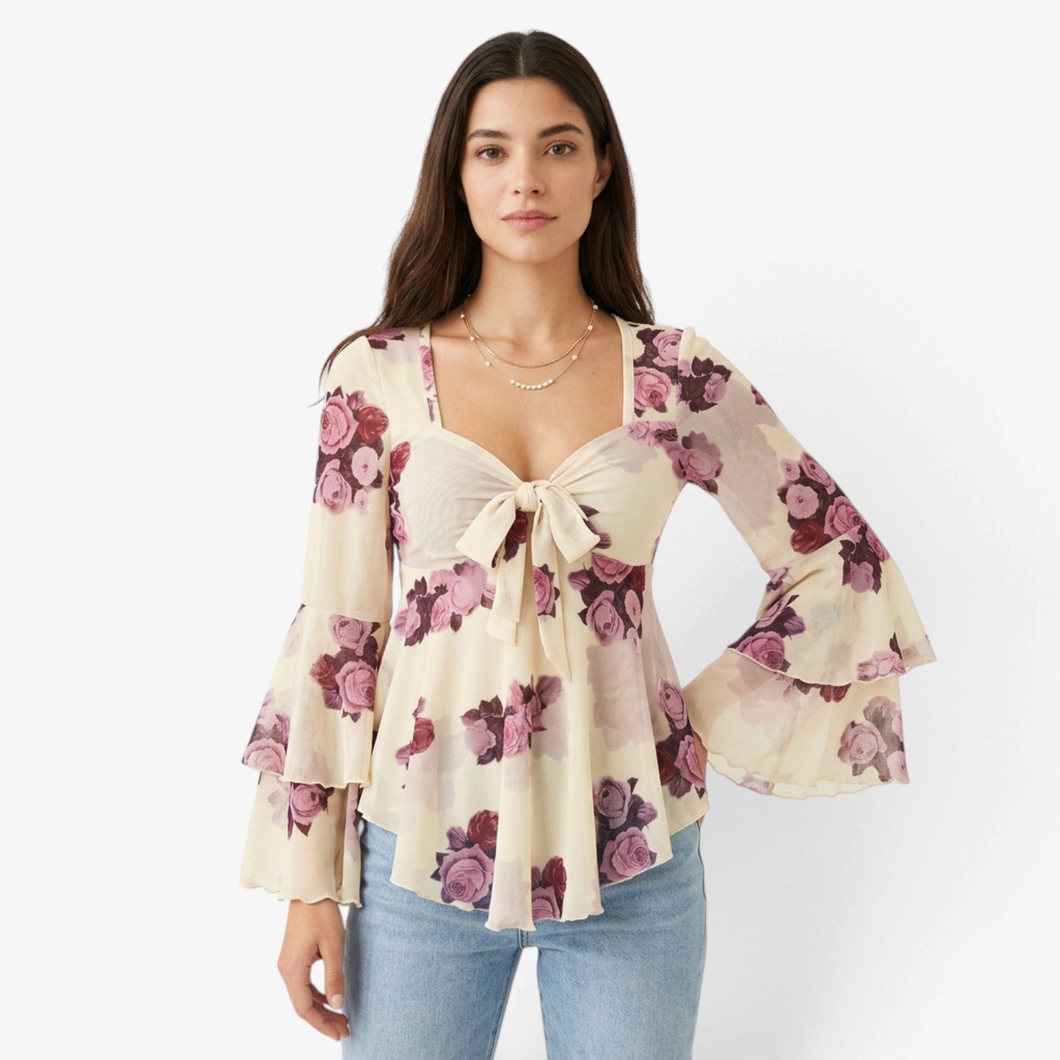 Blusa Floral con Lazo Frontal para Mujer