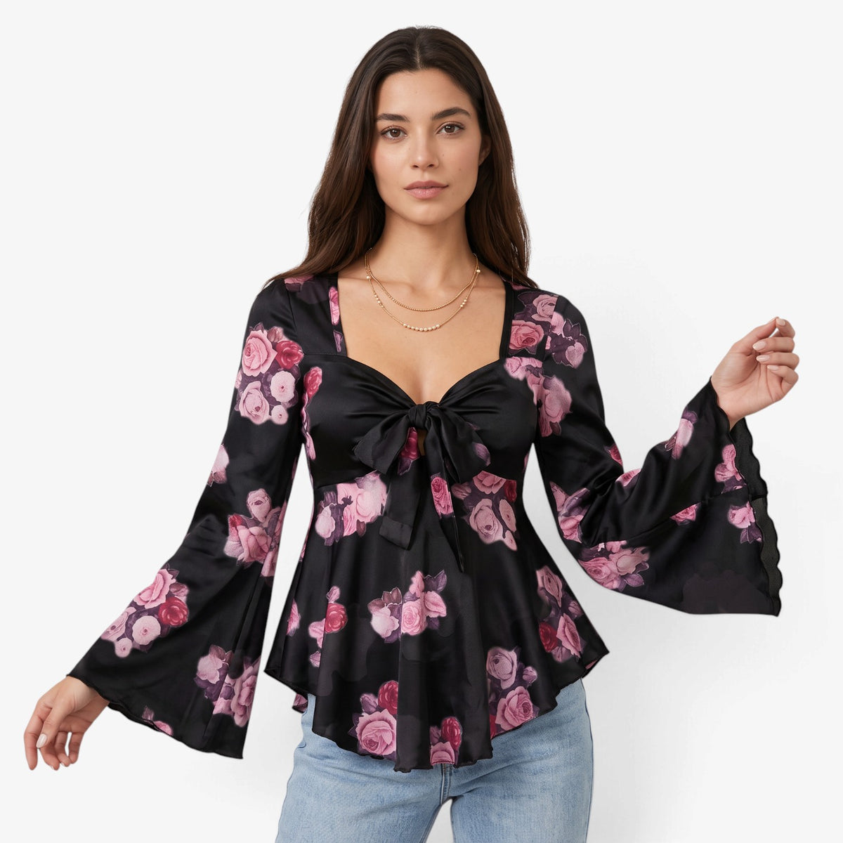Blusa Floral con Lazo Frontal para Mujer