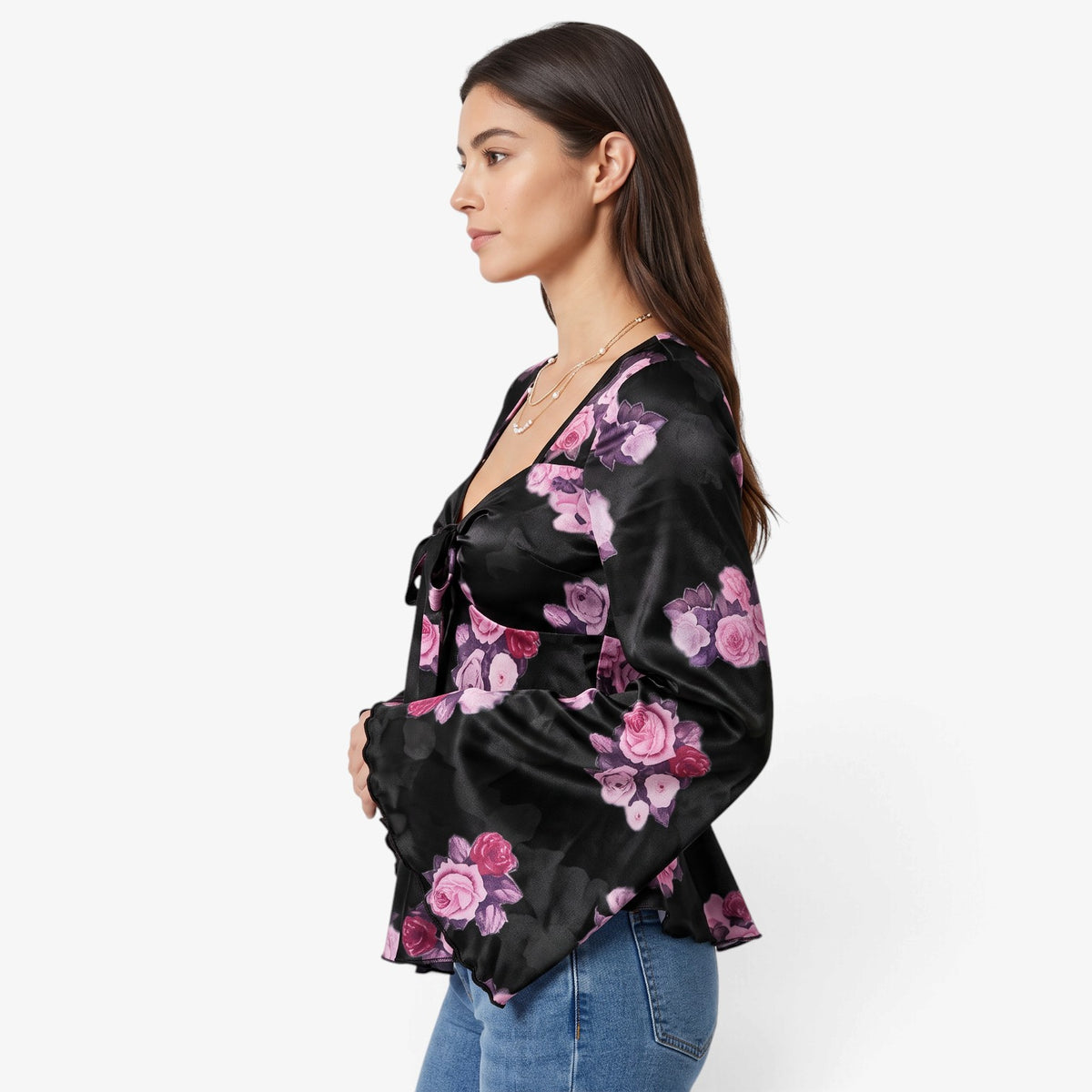 Blusa Floral con Lazo Frontal para Mujer