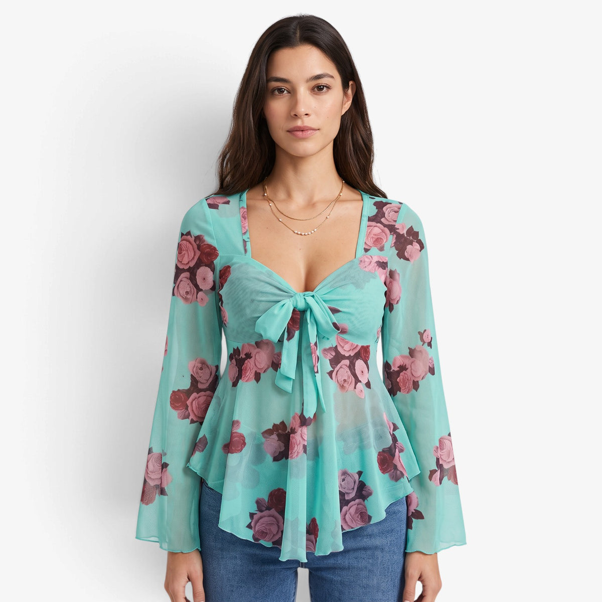 Blusa Floral con Lazo Frontal para Mujer