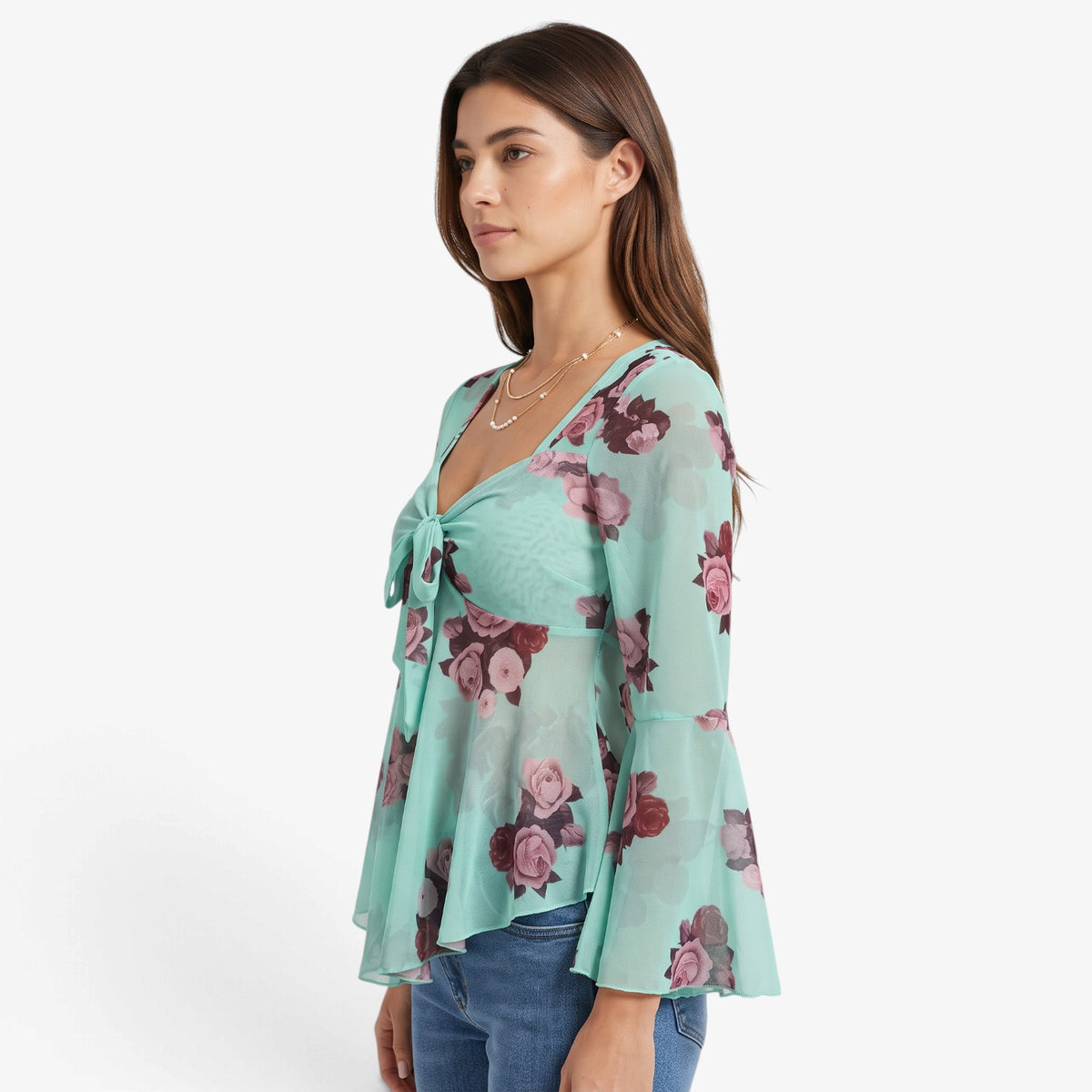 Blusa Floral con Lazo Frontal para Mujer