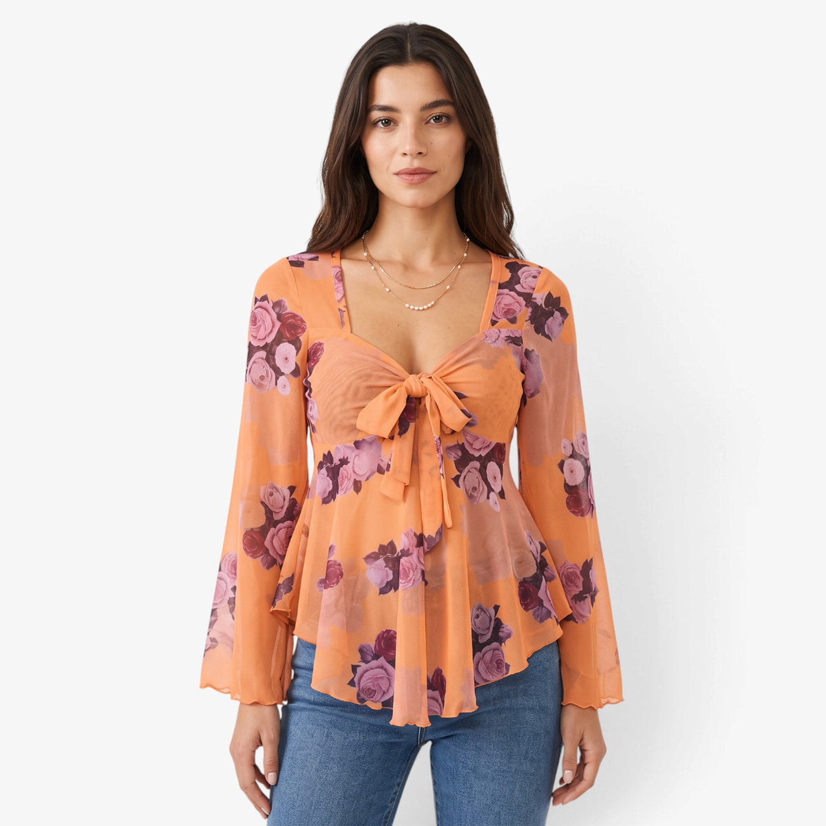 Blusa Floral con Lazo Frontal para Mujer