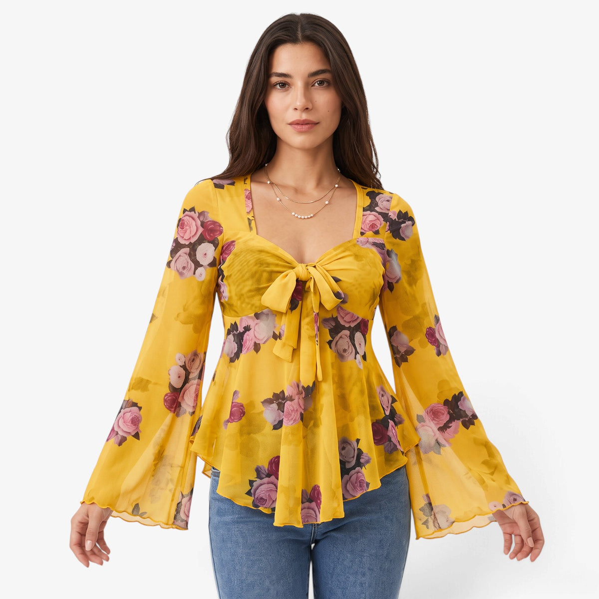 Blusa Floral con Lazo Frontal para Mujer