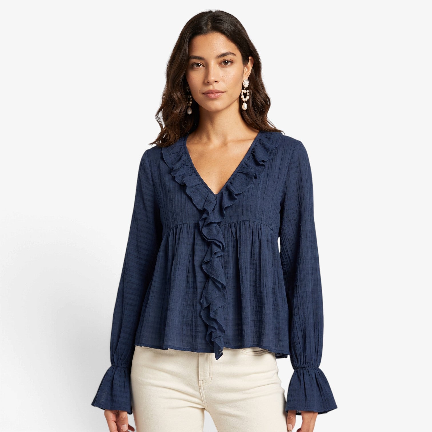 Blusa con Volantes y Mangas Acampanadas para Mujer