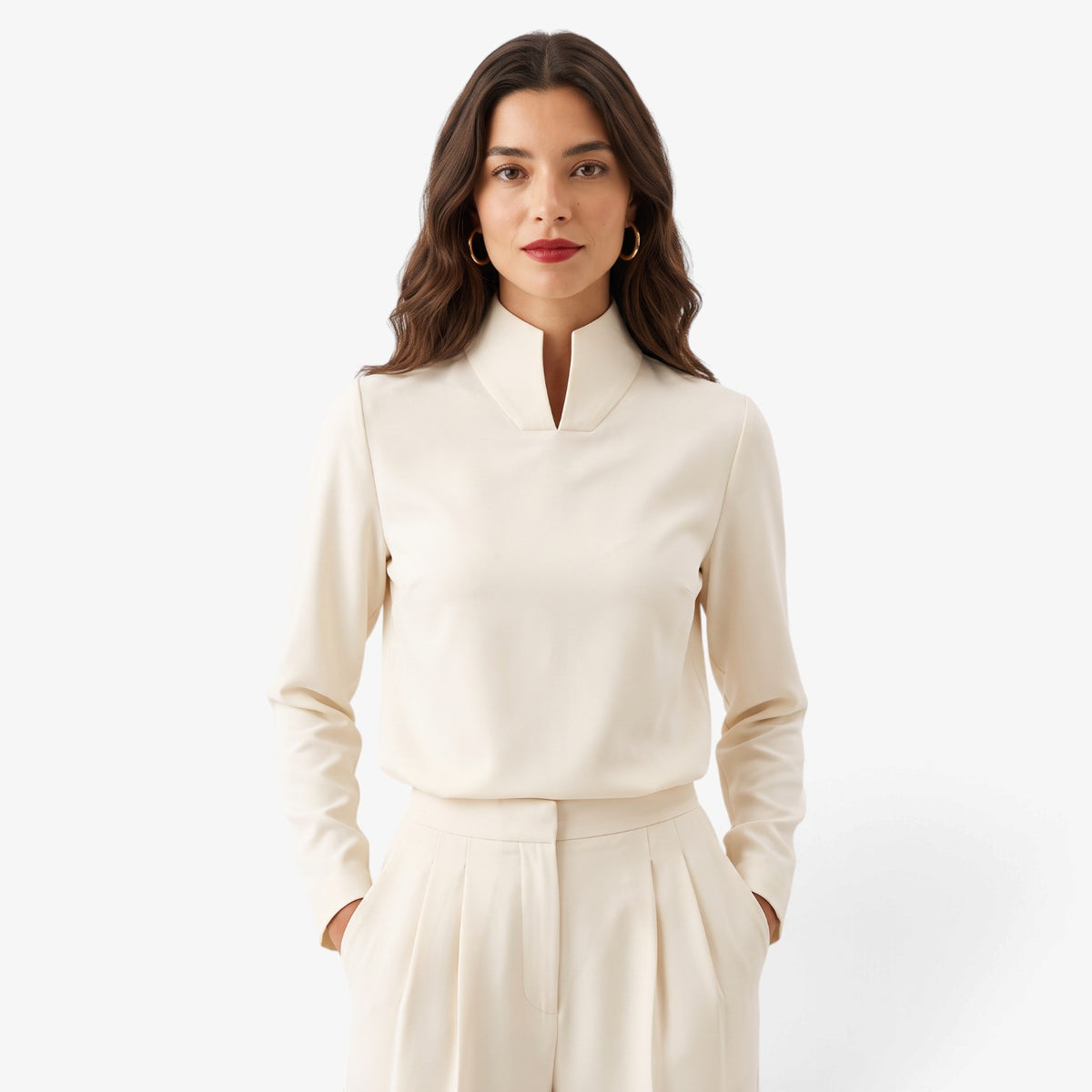 Blusa de Manga Larga con Cuello Mao para Mujer
