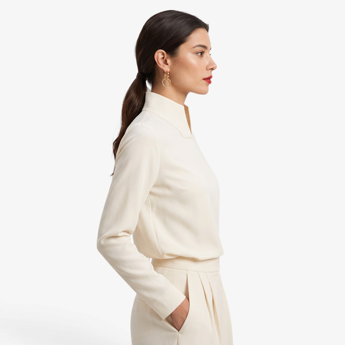 Blusa de Manga Larga con Cuello Mao para Mujer
