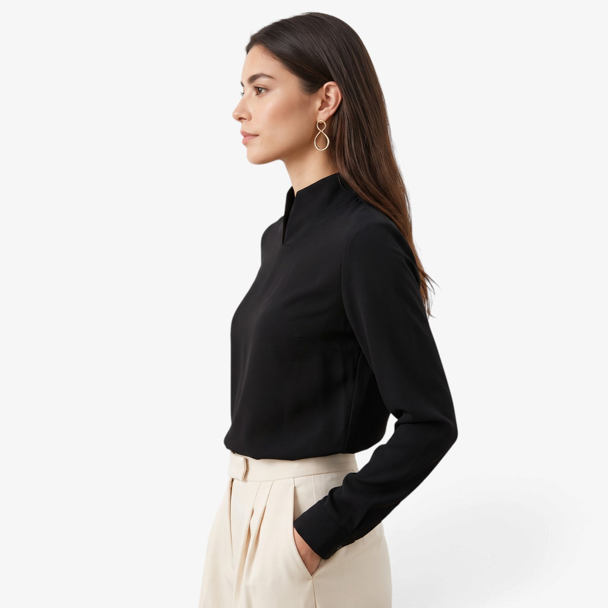 Blusa de Manga Larga con Cuello Mao para Mujer