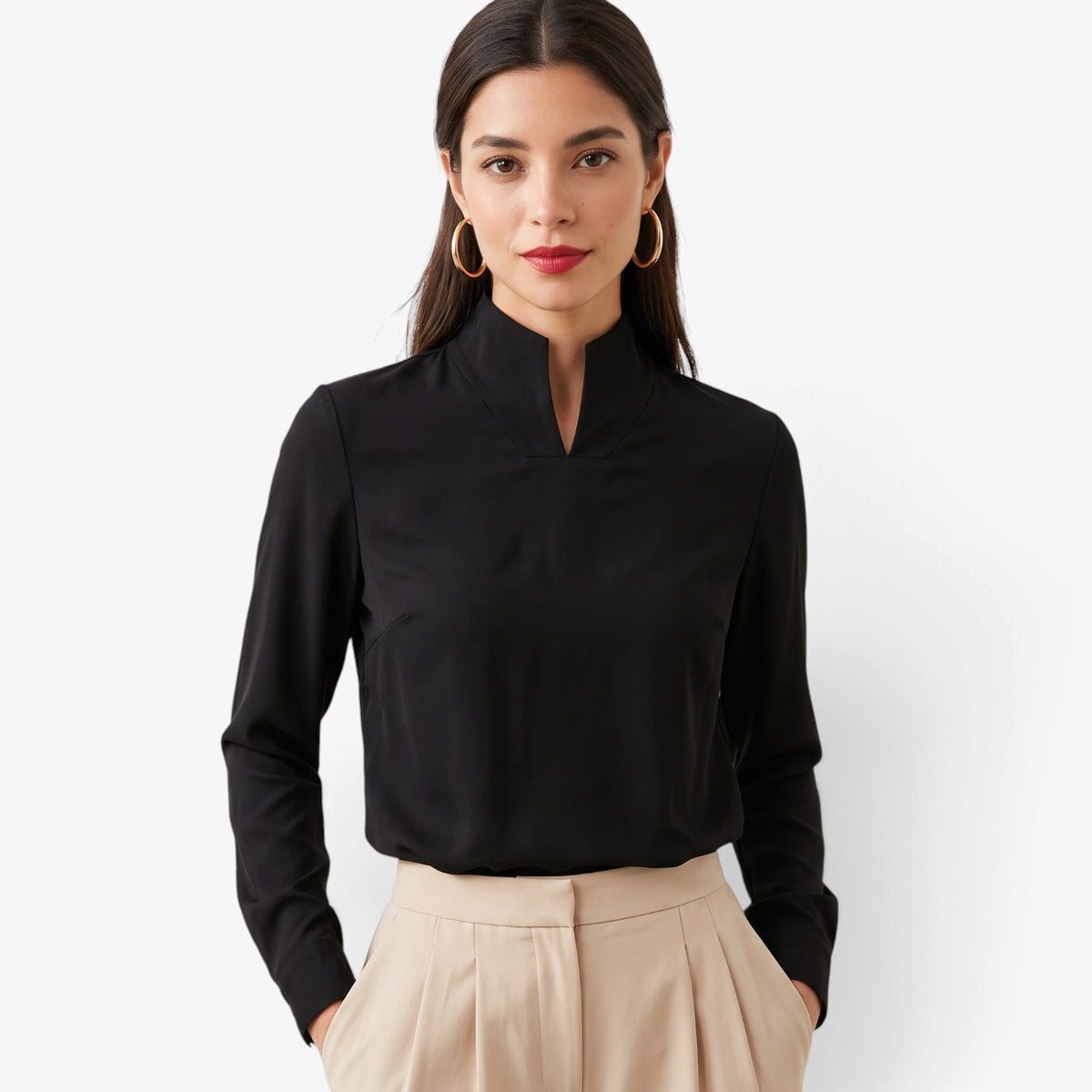 Blusa de Manga Larga con Cuello Mao para Mujer