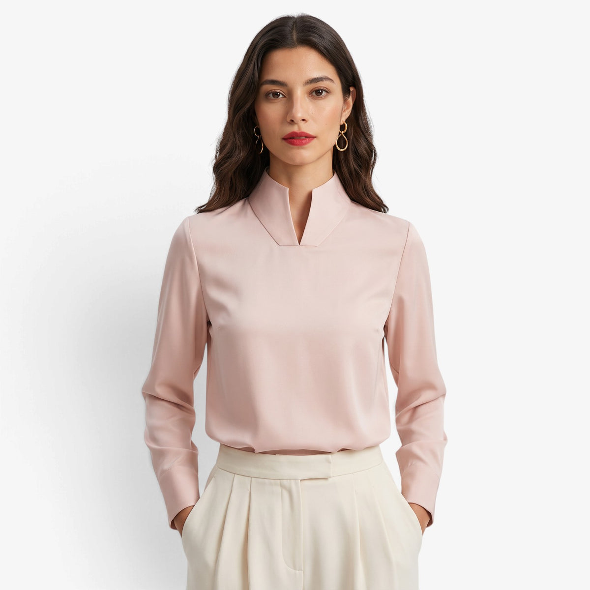 Blusa de Manga Larga con Cuello Mao para Mujer