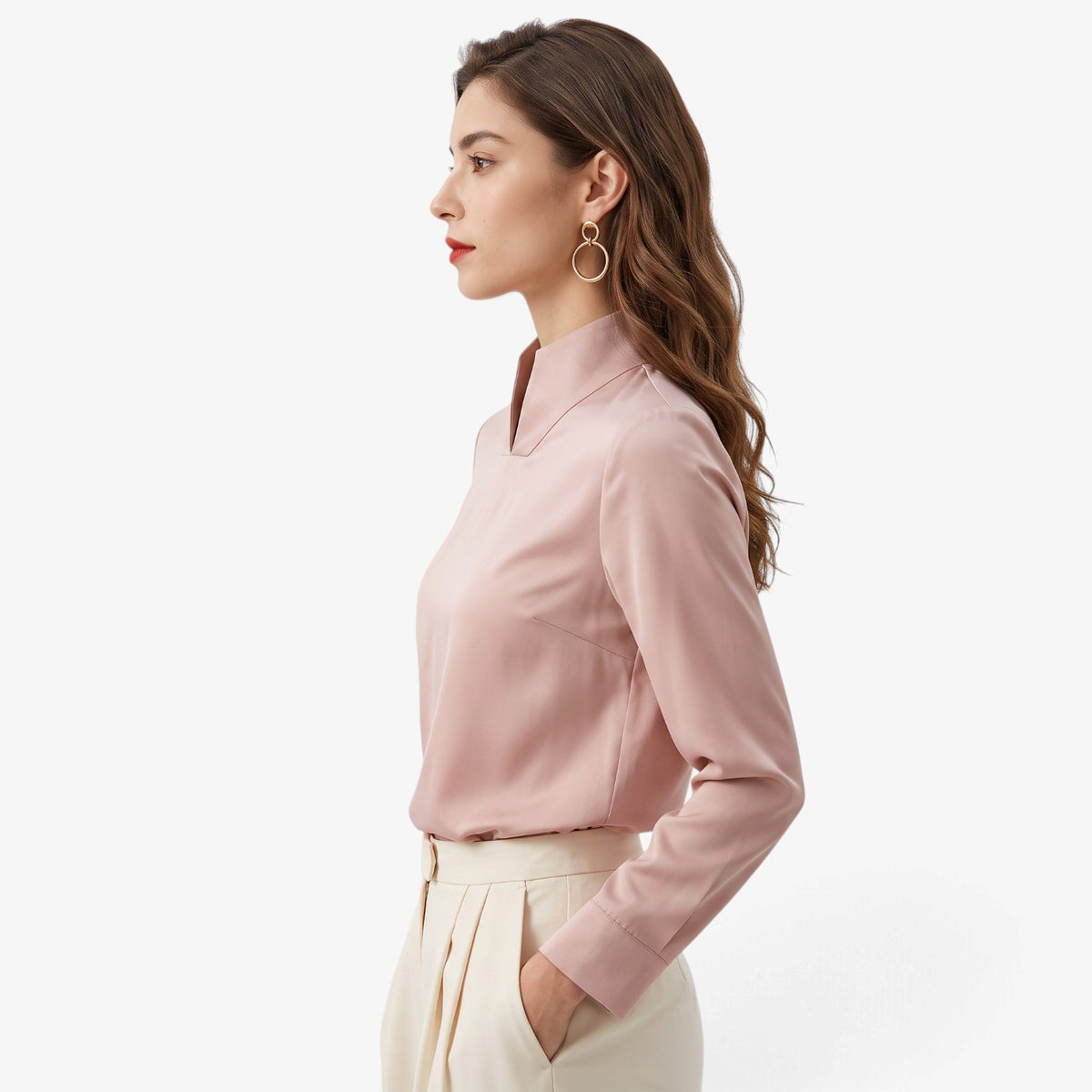 Blusa de Manga Larga con Cuello Mao para Mujer