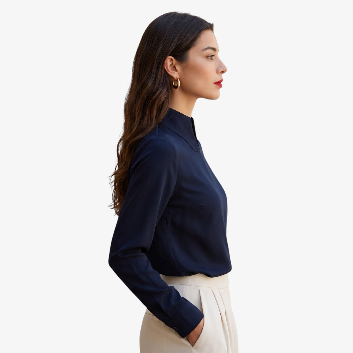 Blusa de Manga Larga con Cuello Mao para Mujer