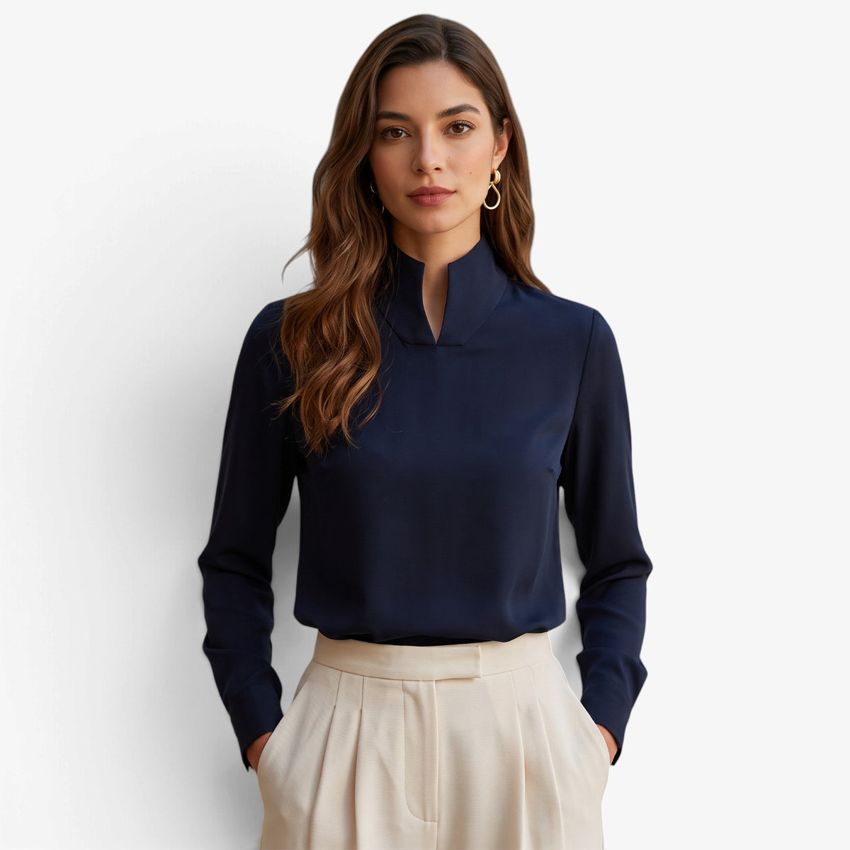Blusa de Manga Larga con Cuello Mao para Mujer