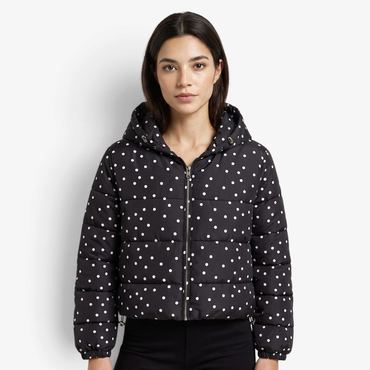 Chaqueta Acolchada de Lunares con Capucha para Mujer