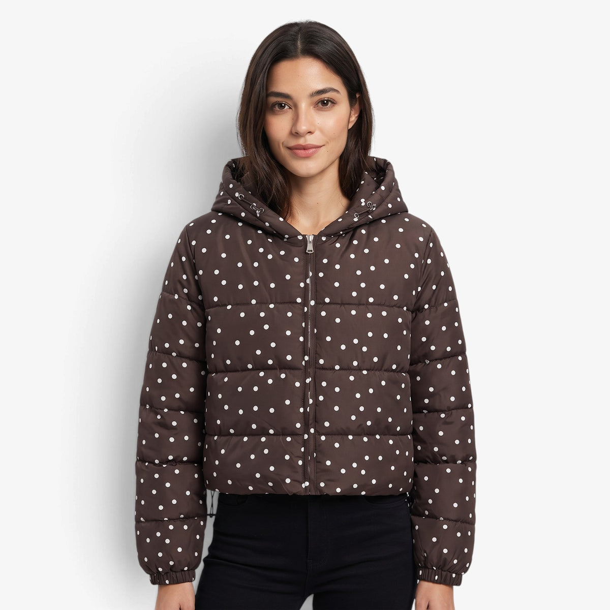Chaqueta Acolchada de Lunares con Capucha para Mujer