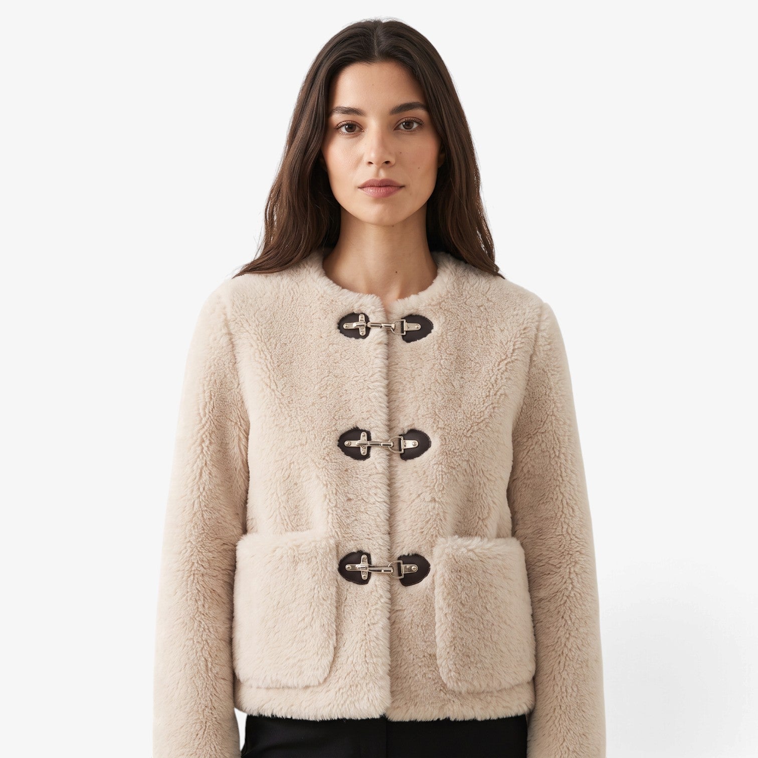 Chaqueta Efecto Borreguito con Hebillas para Mujer