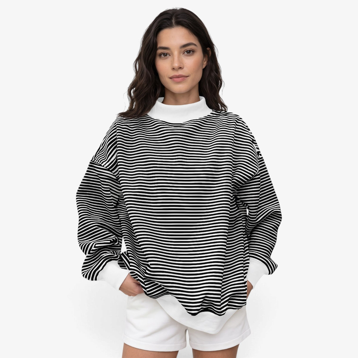 Sudadera Oversize a Rayas con Cuello Alto para Mujer