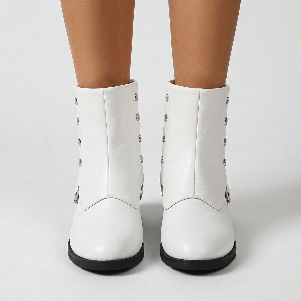Botines con tachuelas y hebilla – Blanco vista frontal