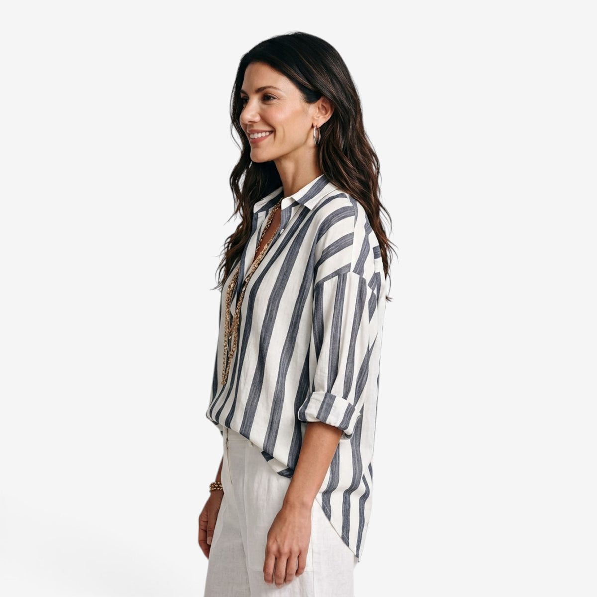 Blusa de Rayas con Cuello Camisero para Mujer