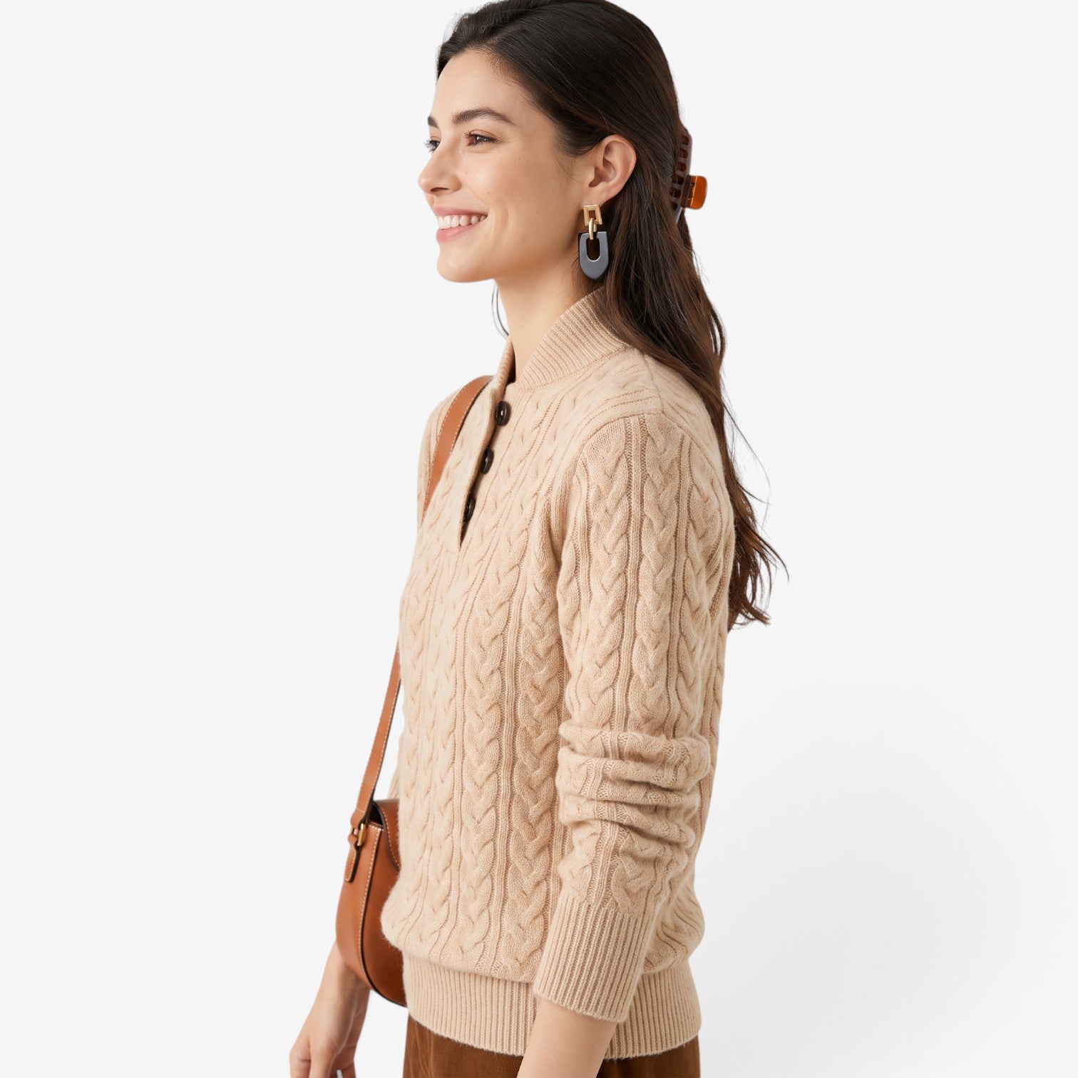 Jersey de Punto Trenzado con Cuello Alto para Mujer