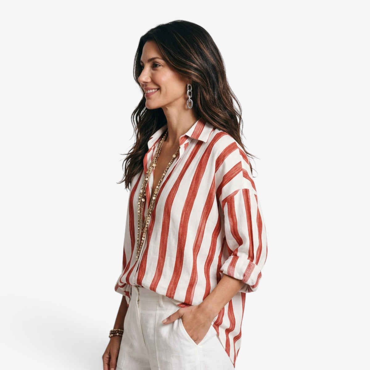 Blusa de Rayas con Cuello Camisero para Mujer