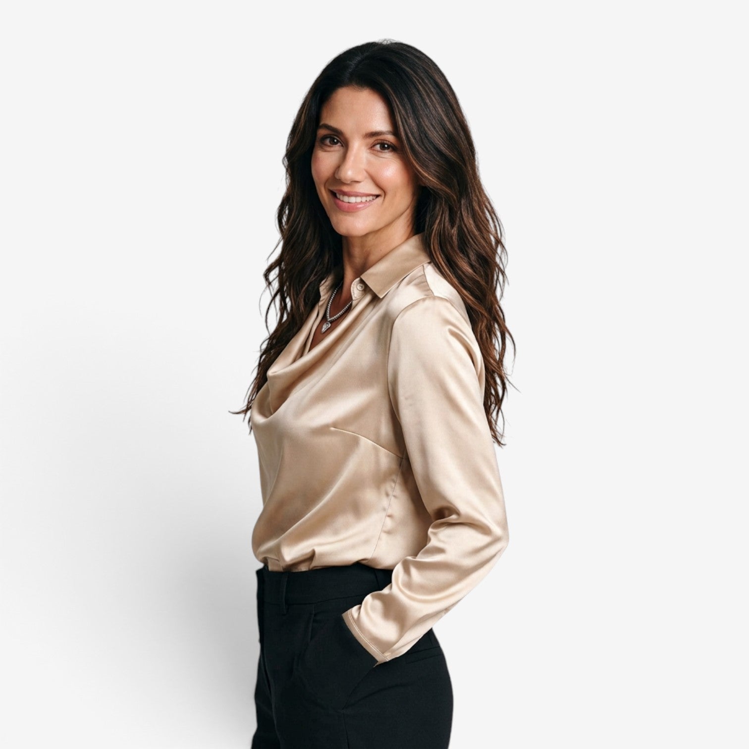 Blusa Satinada con Cuello Drapeado para Mujer