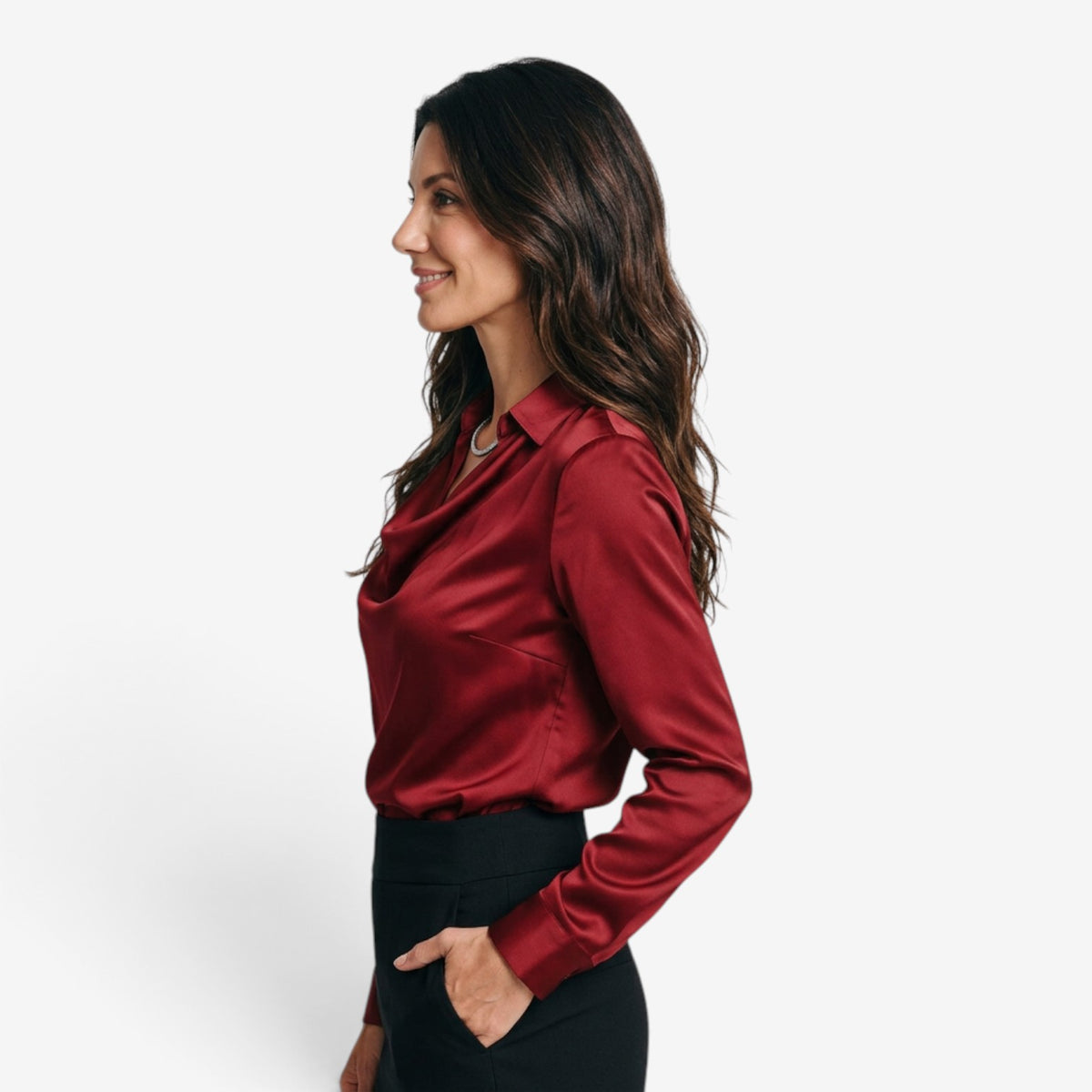Blusa Satinada con Cuello Drapeado para Mujer