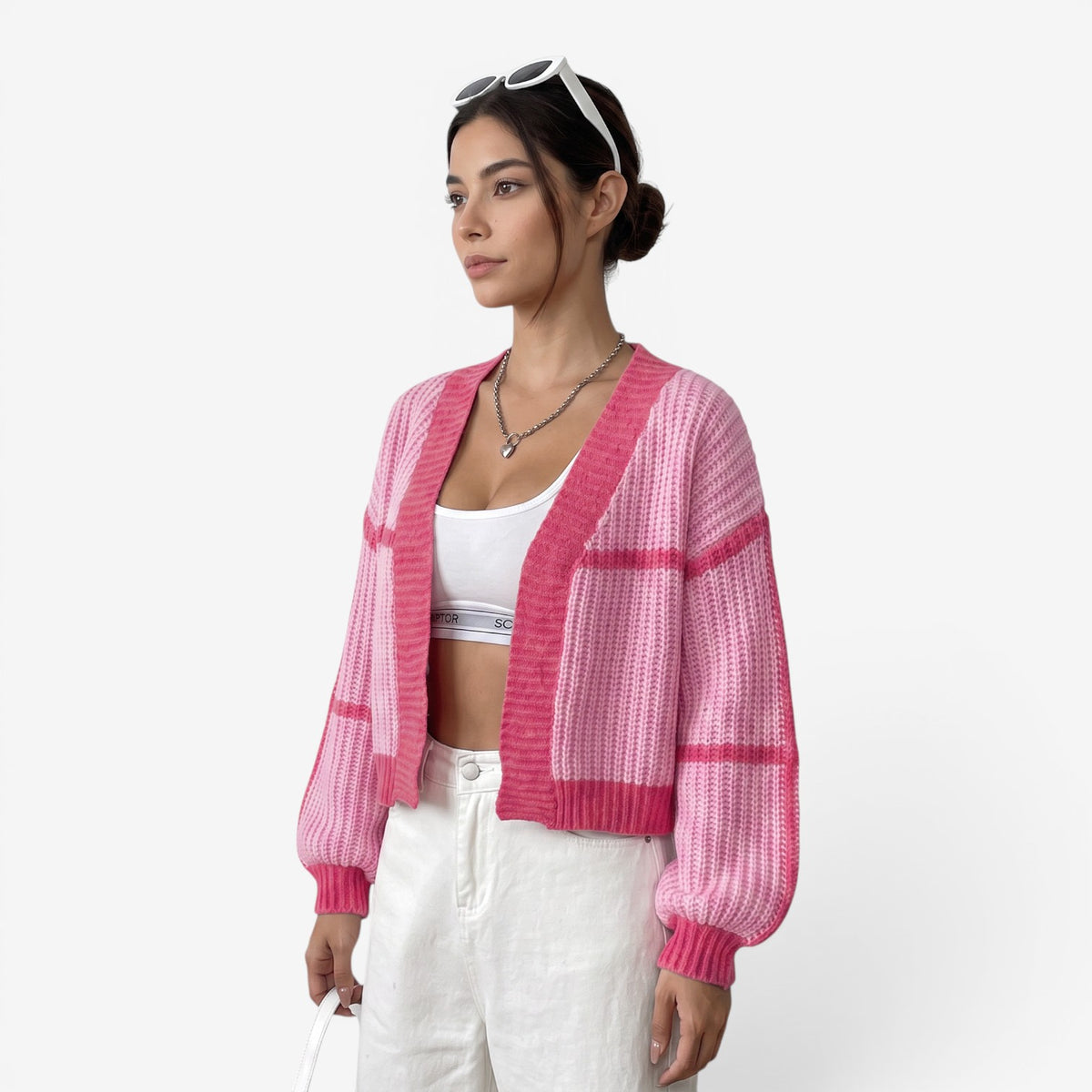 Cárdigan de Punto Corto Bicolor para Mujer