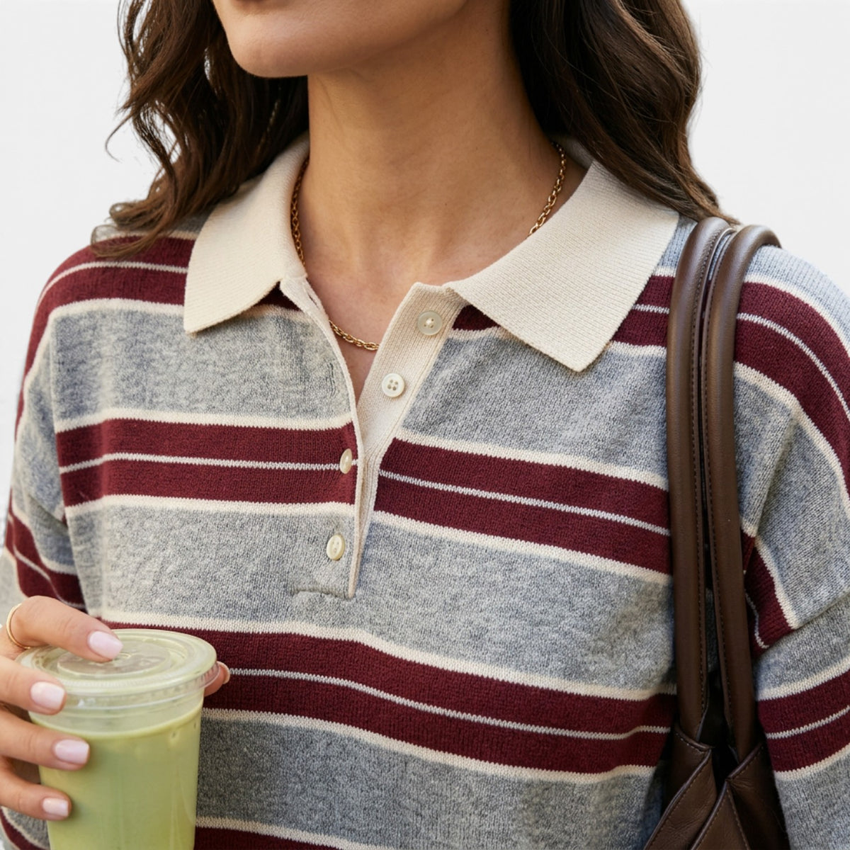 Jersey de Punto a Rayas con Cuello Polo para Mujer