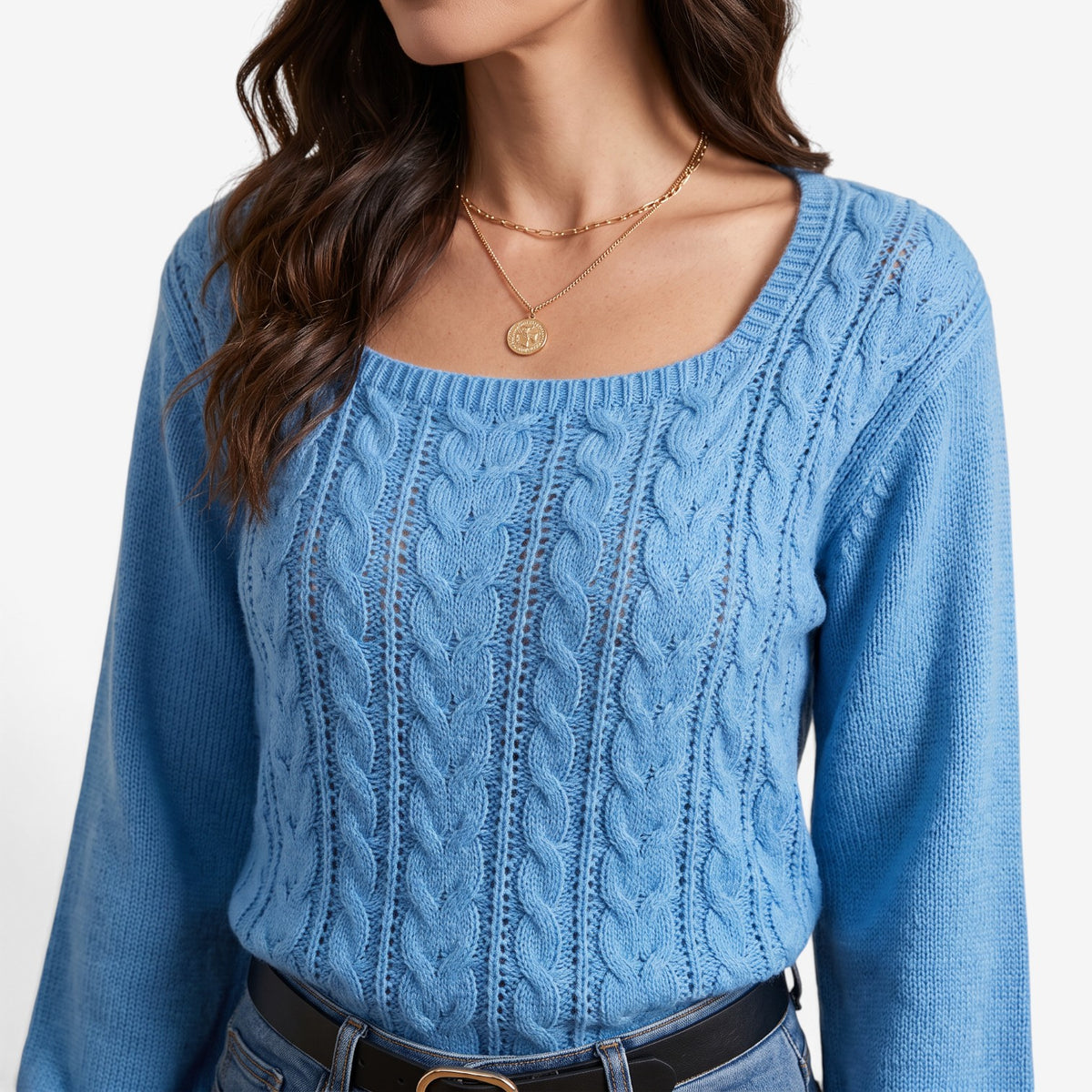 Jersey de Punto Trenzado con Escote Cuadrado para Mujer