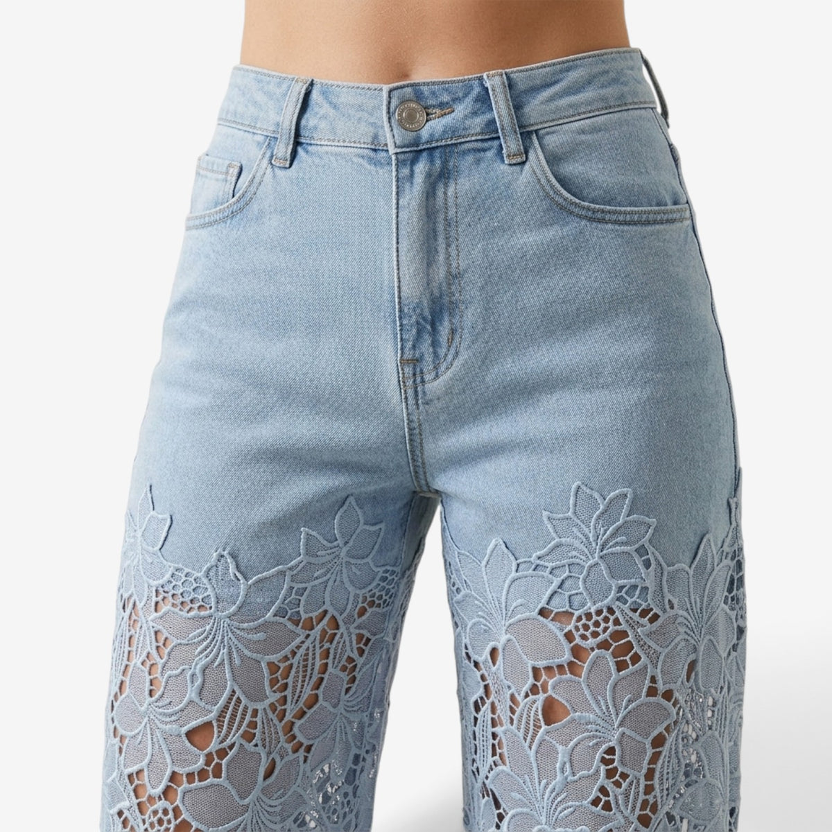 Vaqueros de Pierna Ancha con Encaje Floral para Mujer