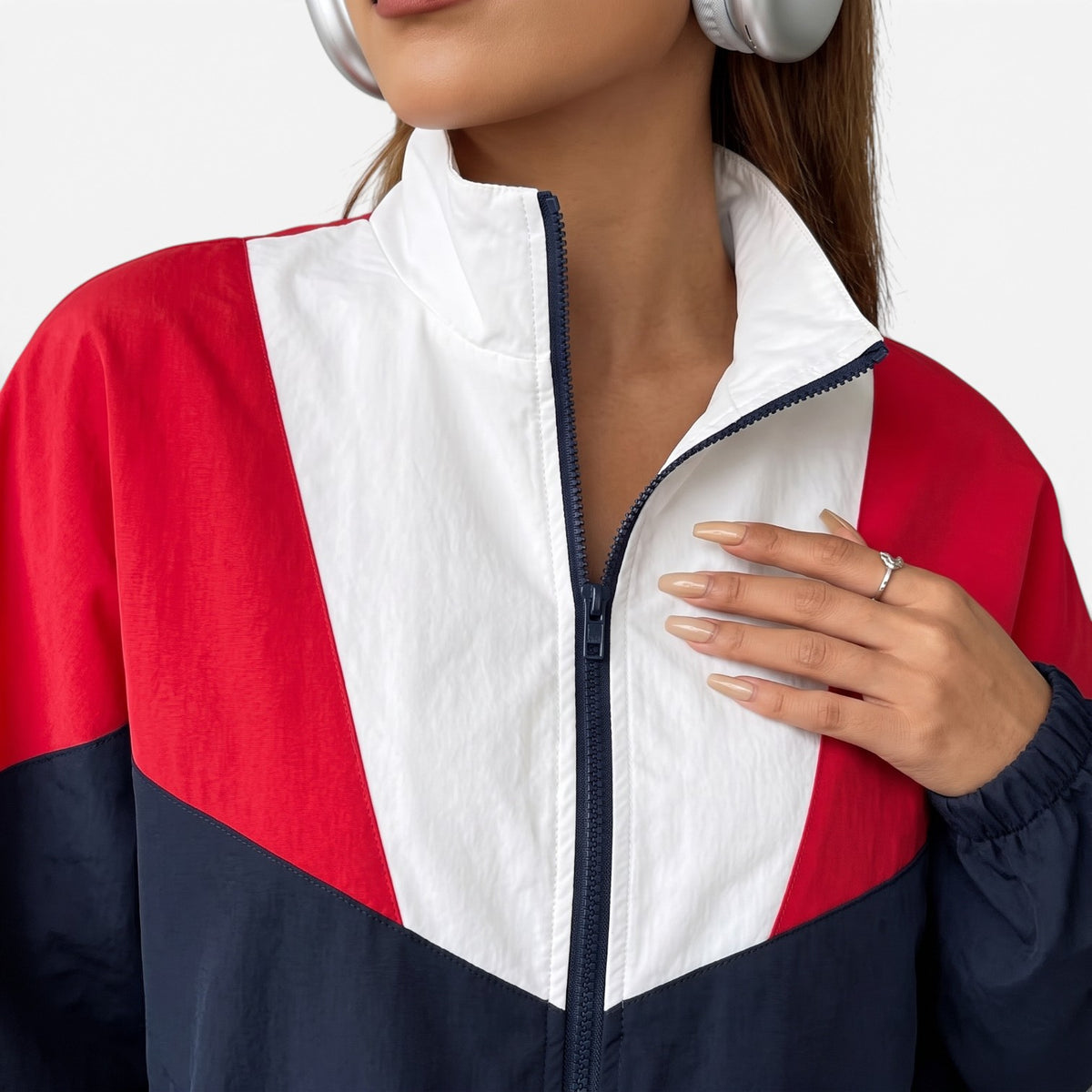 Chaqueta Color Block con Cuello Alto para Mujer