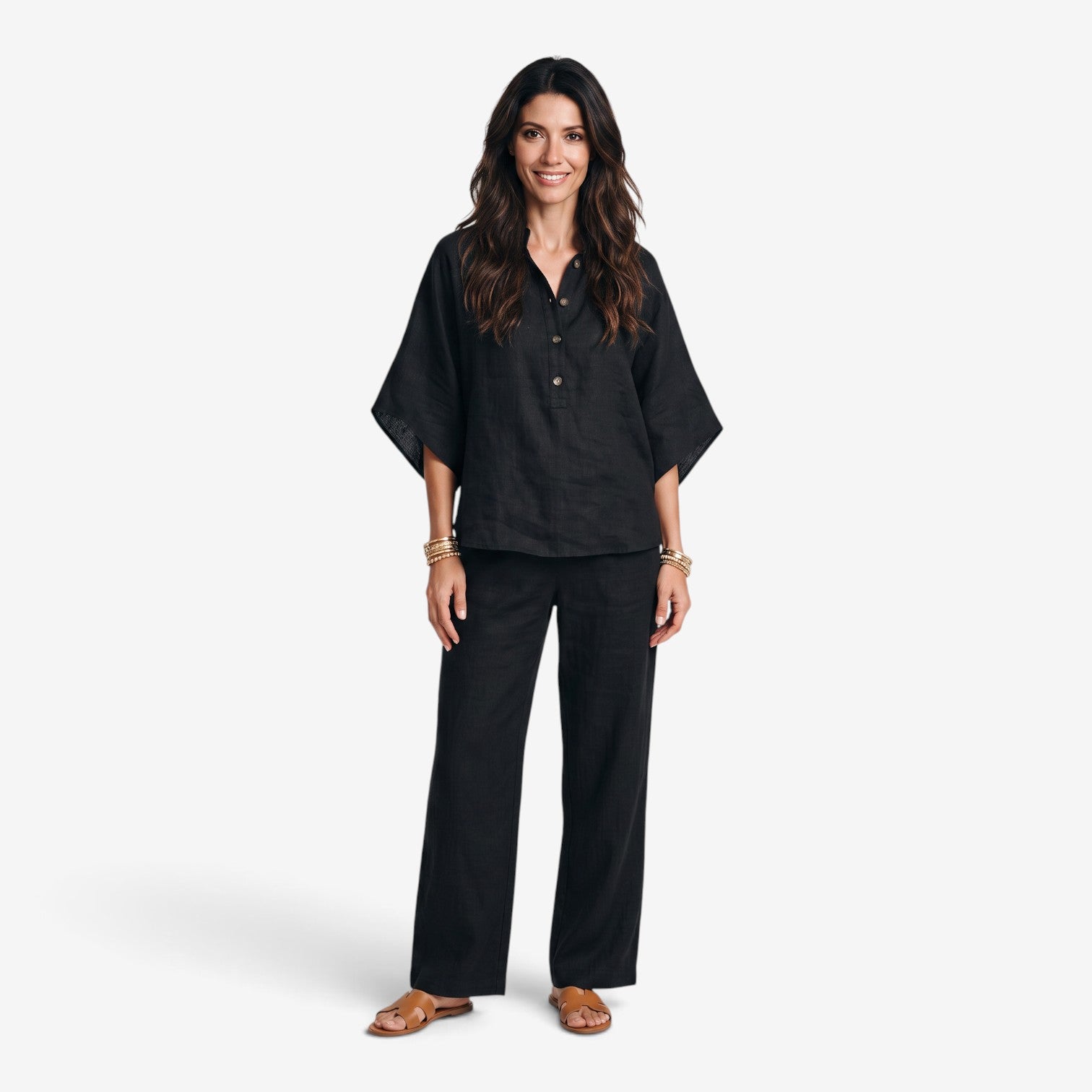 Conjunto de Lino con Pantalón de Pierna Ancha para Mujer