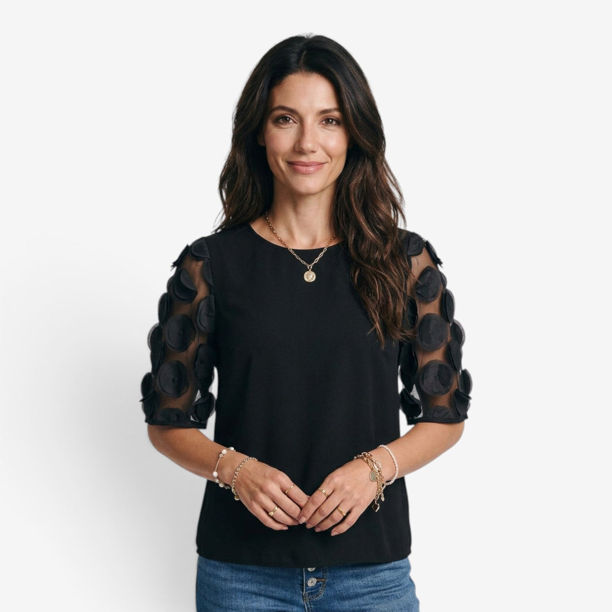 Blusa con Mangas de Tul y Apliques para Mujer