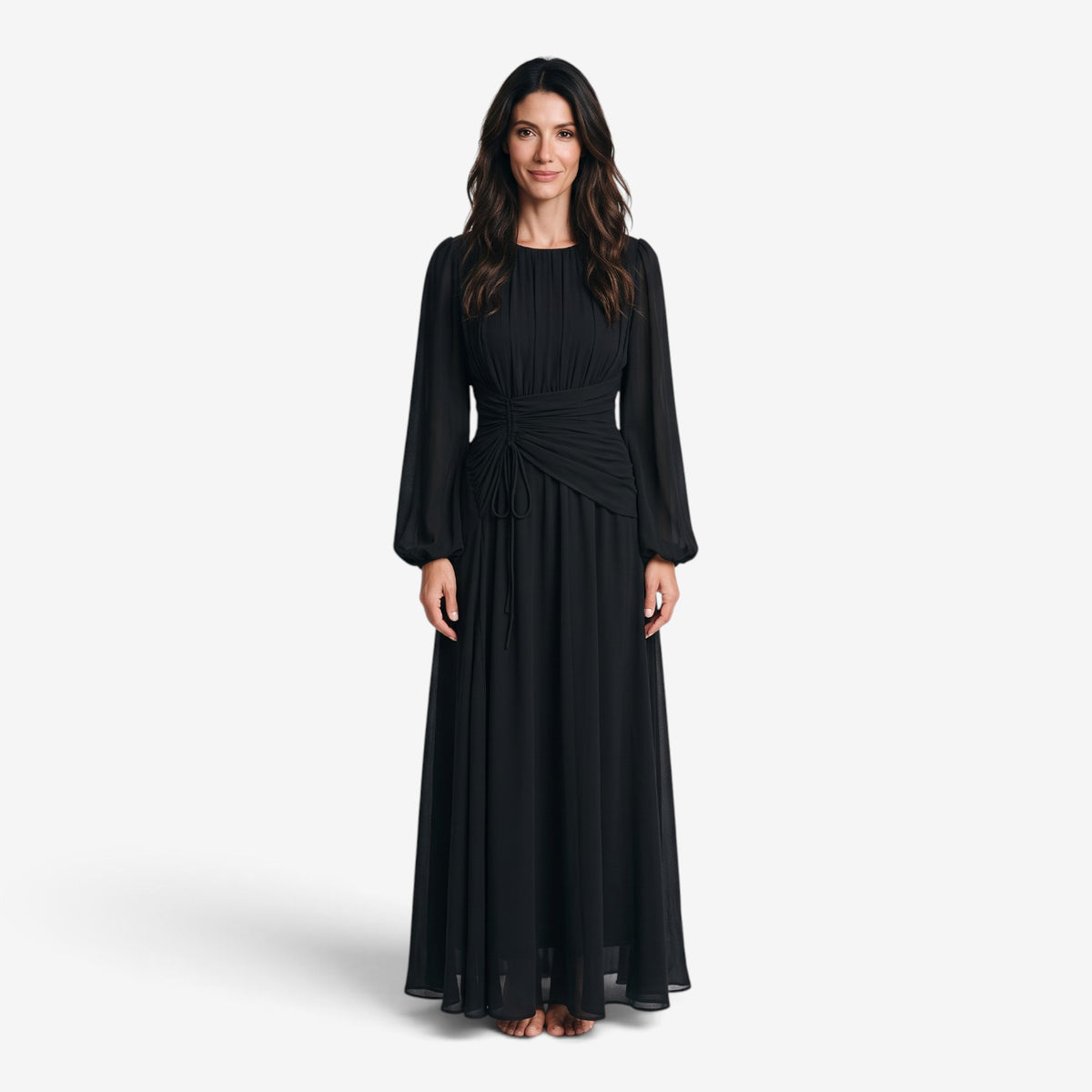 Vestido Largo Drapeado de Manga Larga para Mujer