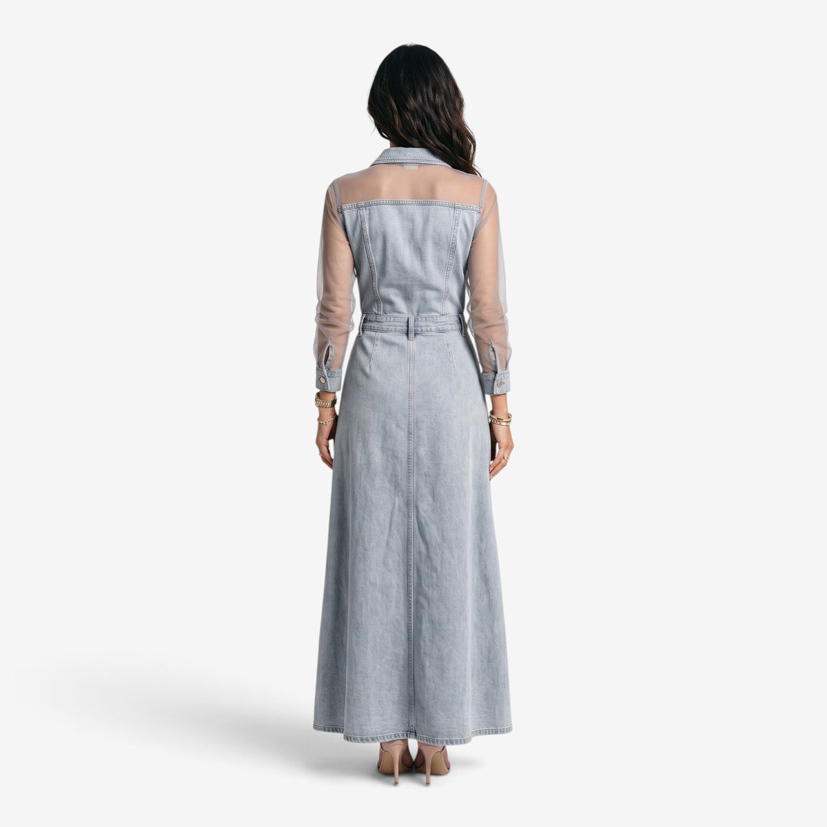 Vestido Vaquero Largo con Mangas Transparentes para Mujer