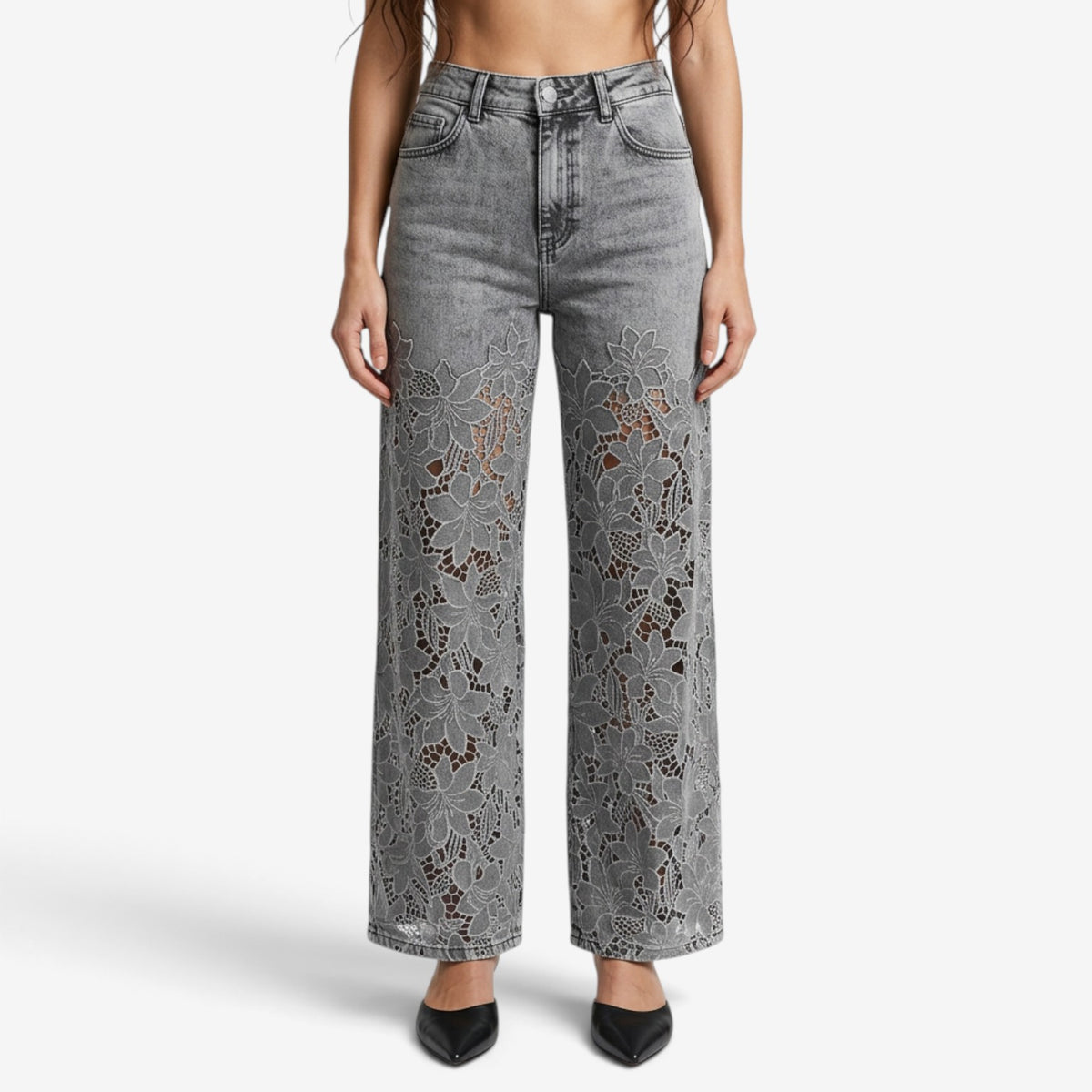 Vaqueros de Pierna Ancha con Encaje Floral para Mujer