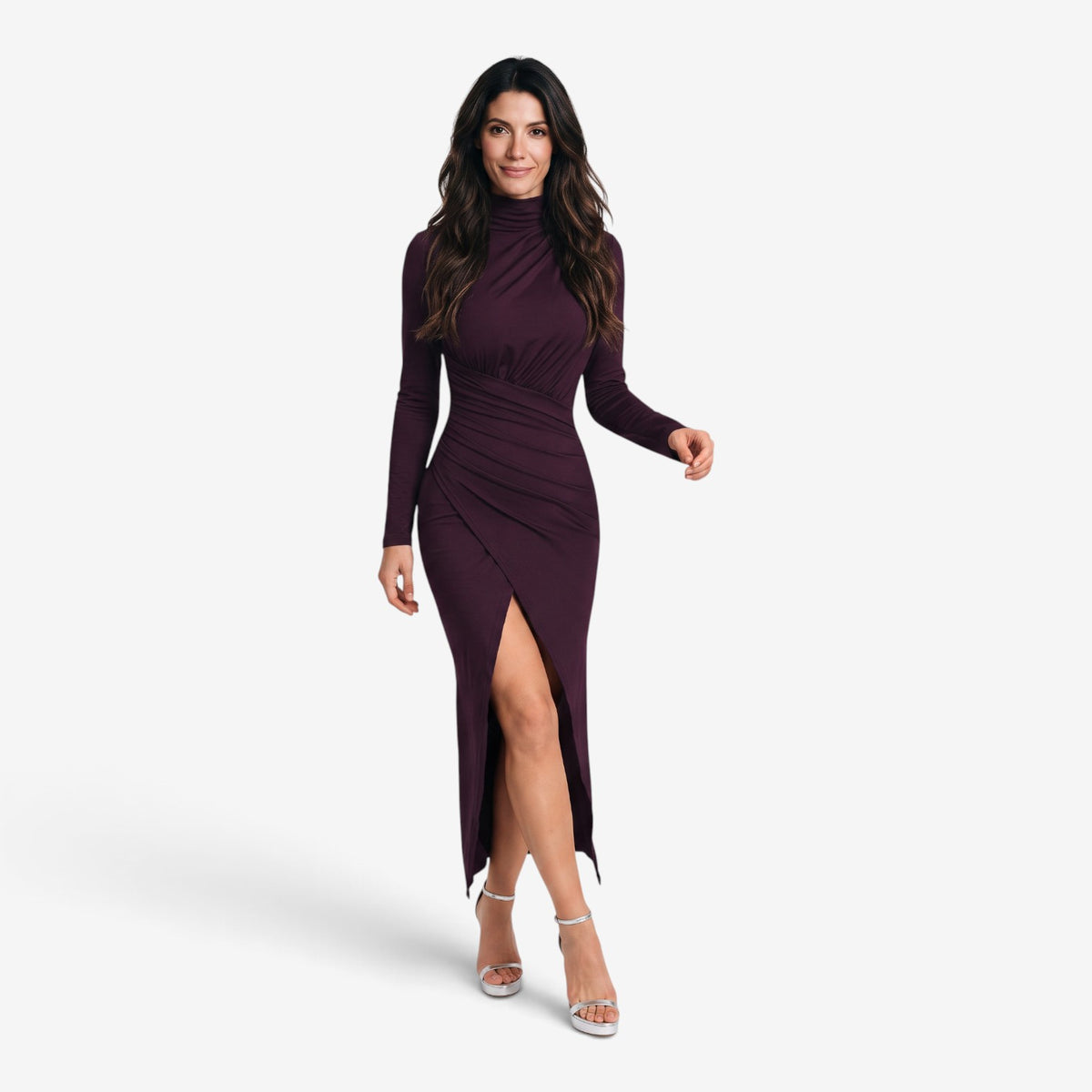 Vestido Midi Fruncido con Abertura para Mujer
