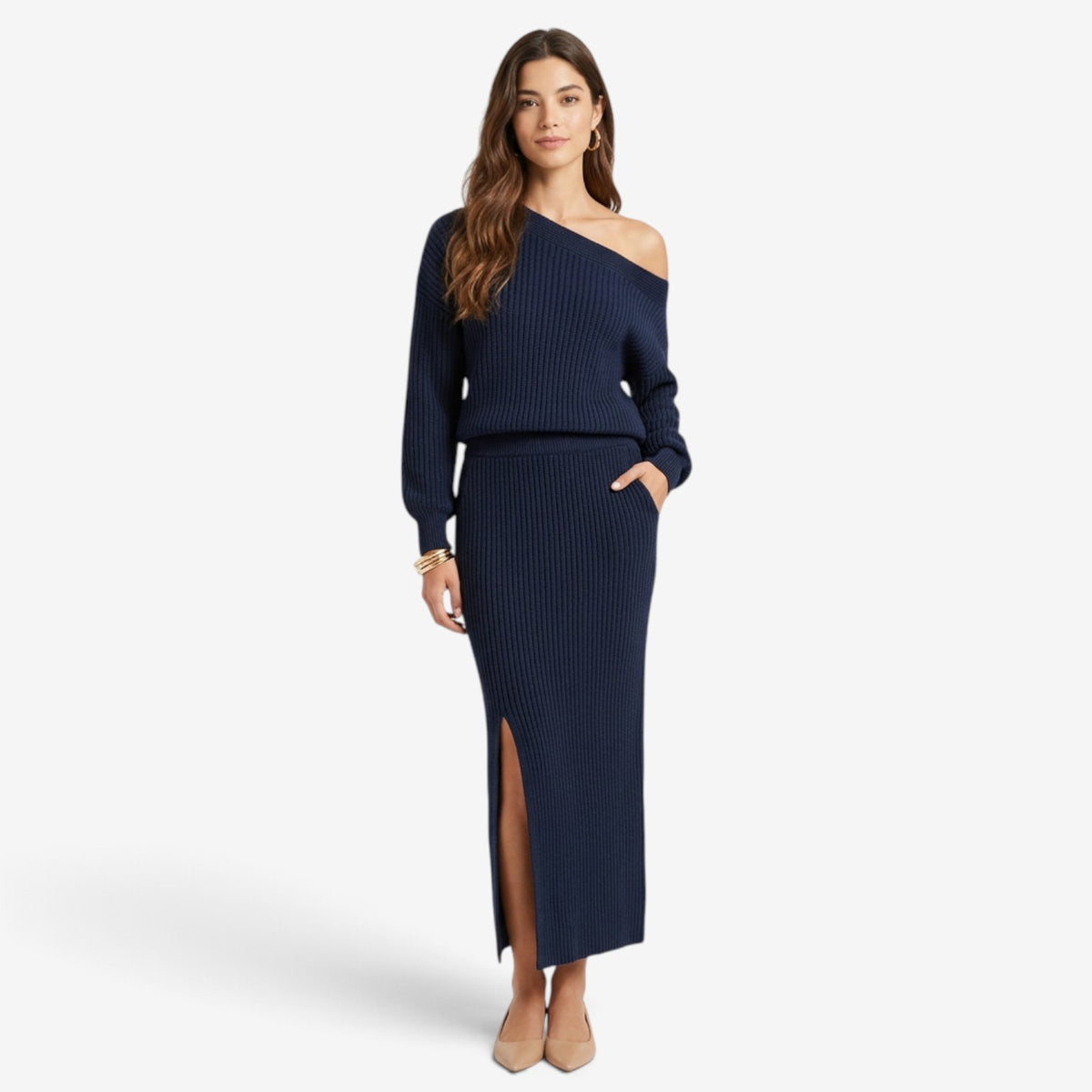 Conjunto de Punto Asimétrico con Falda Larga para Mujer