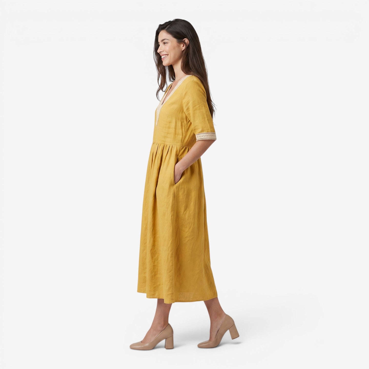 Vestido Midi de Algodón y Lino con Cuello de Encaje