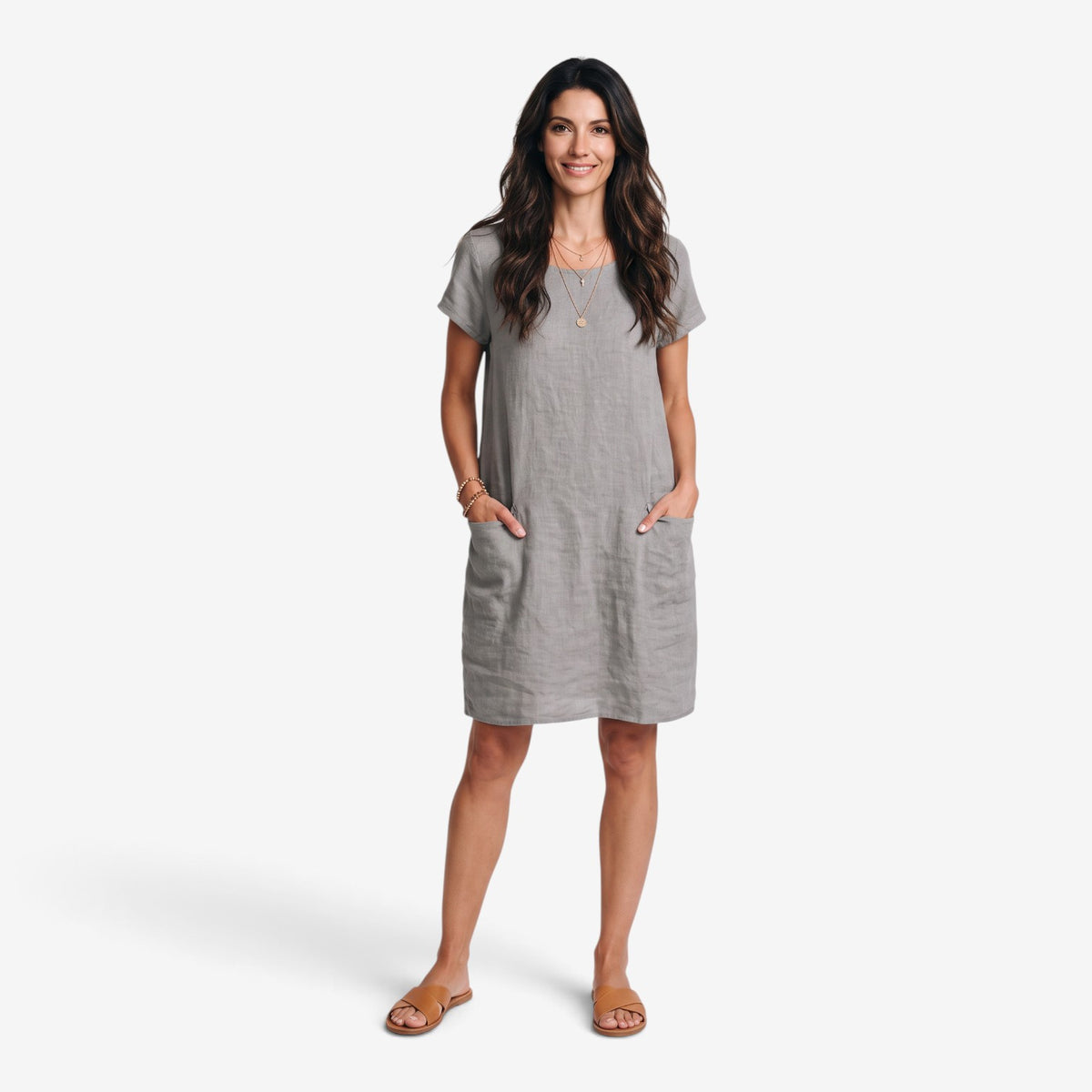 Vestido de Lino Holgado con Bolsillos para Mujer