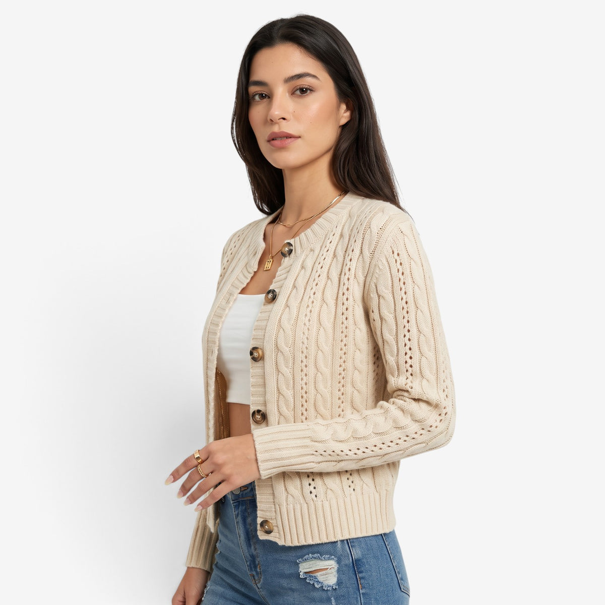 Cárdigan de Punto Trenzado con Botones para Mujer