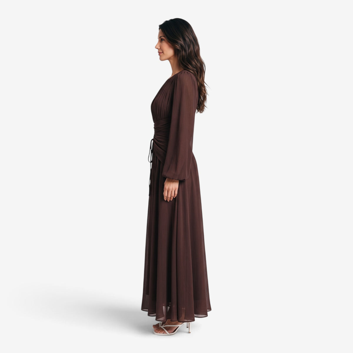 Vestido Largo Drapeado de Manga Larga para Mujer