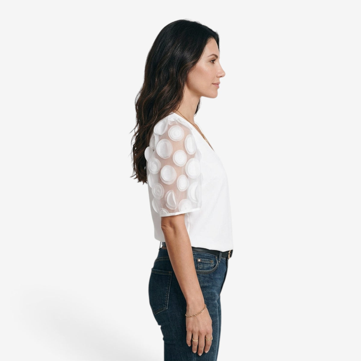 Blusa con Mangas de Tul y Apliques para Mujer