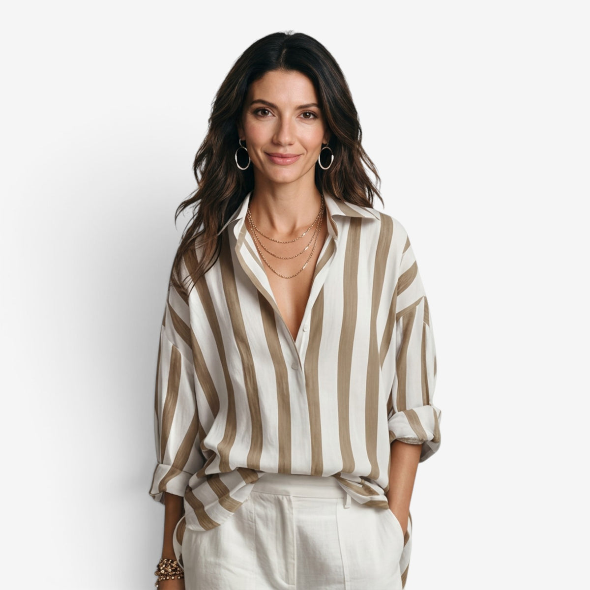 Blusa de Rayas con Cuello Camisero para Mujer