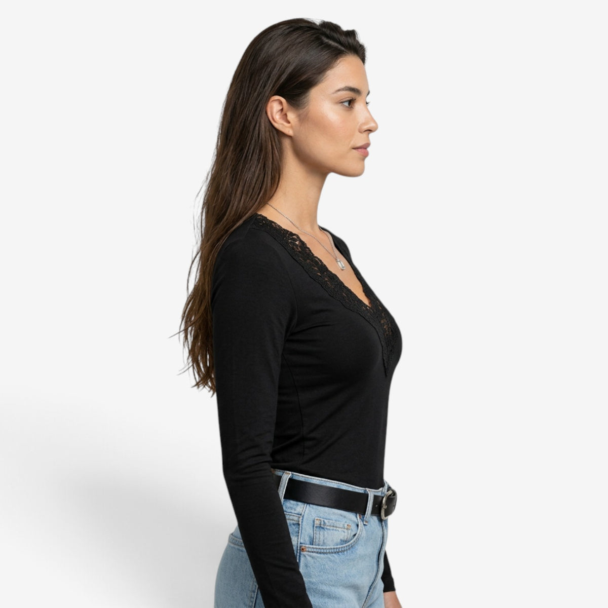Top de Manga Larga con Escote de Encaje para Mujer