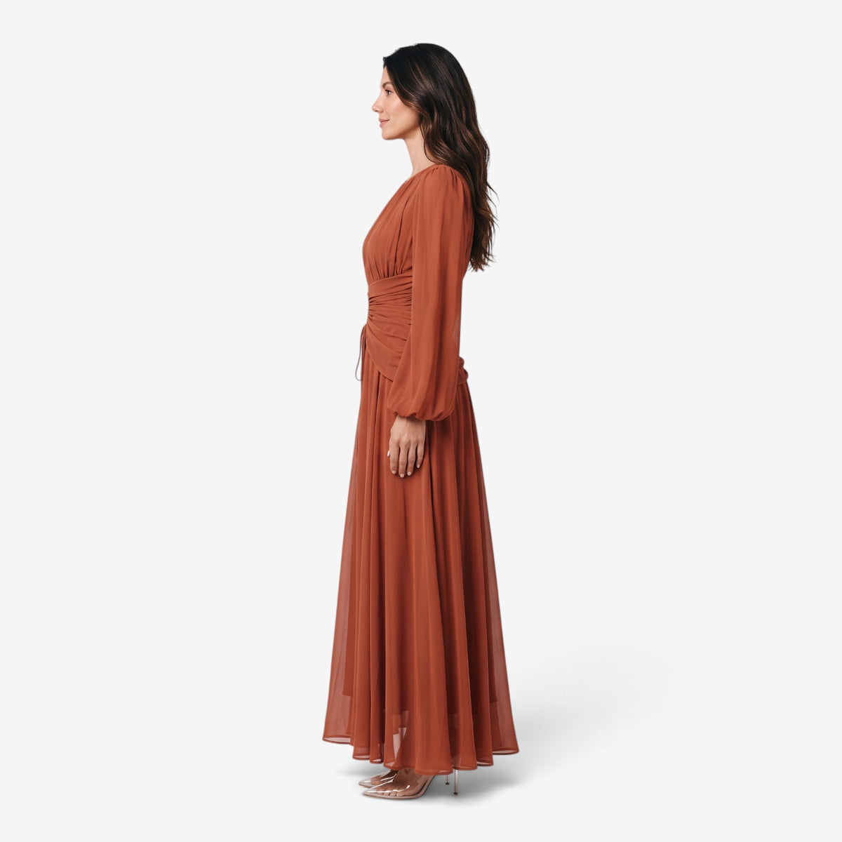 Vestido Largo Drapeado de Manga Larga para Mujer